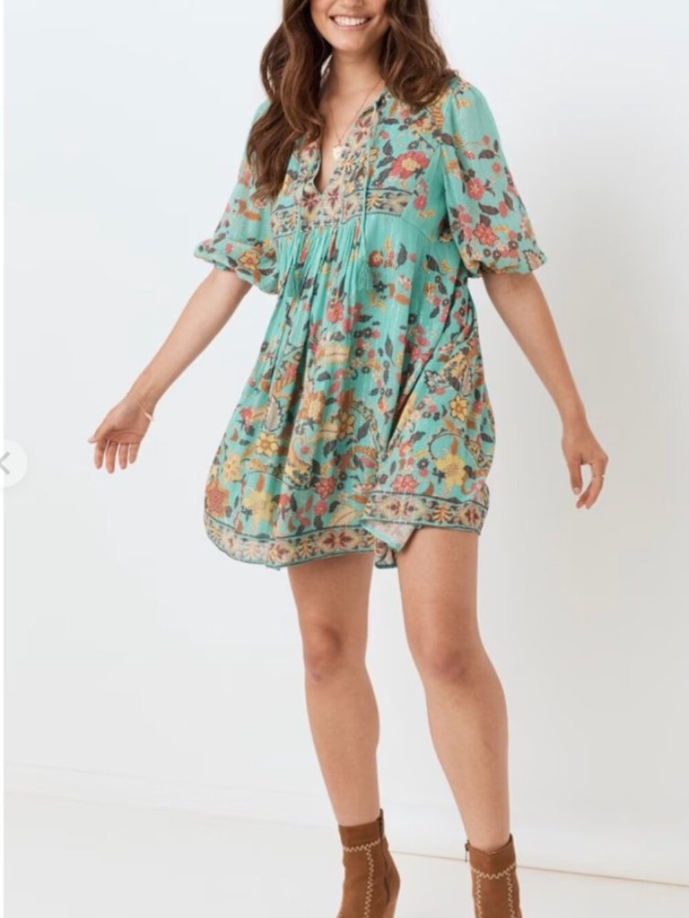 Spell & The Gypsy Hendrix Tunic Dress Sky M Gold Metallic Boho NWOT